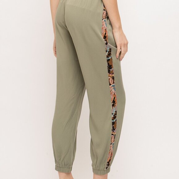 MYSTREE Olive Green Boho Jogger Pants with Side Detail, Drawstring Waist - Picture 7 of 8